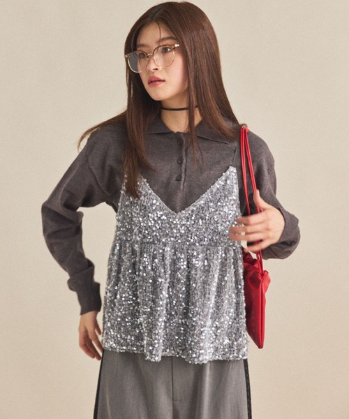 MIRROR STOKE（ミラーストーク）の「【ZOZO限定】SEQUINED VELVET CAMISOLE/スパンコールベロアキャミソール（シャツ/ブラウス・レディース・ブラック/グレー・MEDIUM）」の10枚目の写真