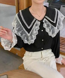 shopnikoniko | ビックカラー ブラウス キレイめ 長袖 レース フリル 白 トップス(シャツ/ブラウス)