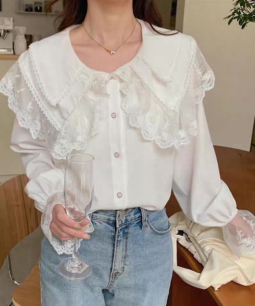 shopnikoniko（ショップニコニコ）の「ビックカラー ブラウス キレイめ 長袖 レース フリル 白 トップス（シャツ/ブラウス・レディース・ブラック/ホワイト・フリー）」の3枚目の写真