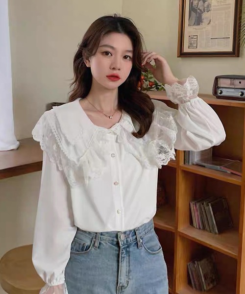 shopnikoniko（ショップニコニコ）の「ビックカラー ブラウス キレイめ 長袖 レース フリル 白 トップス（シャツ/ブラウス・レディース・ブラック/ホワイト・フリー）」の4枚目の写真