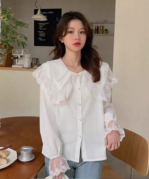 shopnikoniko（ショップニコニコ）の「ビックカラー ブラウス キレイめ 長袖 レース フリル 白 トップス（シャツ/ブラウス・レディース・ブラック/ホワイト・フリー）」の5枚目の写真