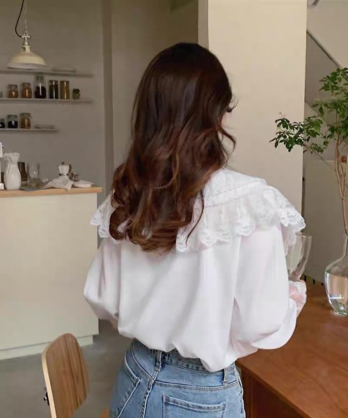 shopnikoniko（ショップニコニコ）の「ビックカラー ブラウス キレイめ 長袖 レース フリル 白 トップス（シャツ/ブラウス・レディース・ブラック/ホワイト・フリー）」の6枚目の写真