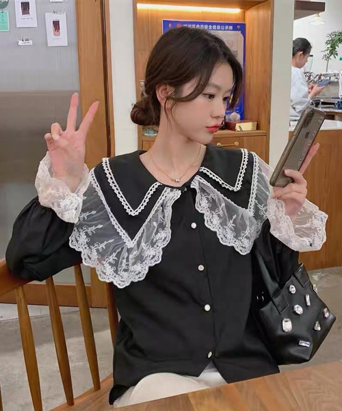 shopnikoniko（ショップニコニコ）の「ビックカラー ブラウス キレイめ 長袖 レース フリル 白 トップス（シャツ/ブラウス・レディース・ブラック/ホワイト・フリー）」の7枚目の写真