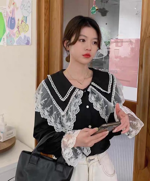 shopnikoniko（ショップニコニコ）の「ビックカラー ブラウス キレイめ 長袖 レース フリル 白 トップス（シャツ/ブラウス・レディース・ブラック/ホワイト・フリー）」の8枚目の写真