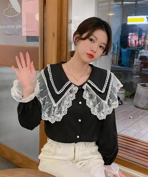 shopnikoniko（ショップニコニコ）の「ビックカラー ブラウス キレイめ 長袖 レース フリル 白 トップス（シャツ/ブラウス・レディース・ブラック/ホワイト・フリー）」の9枚目の写真