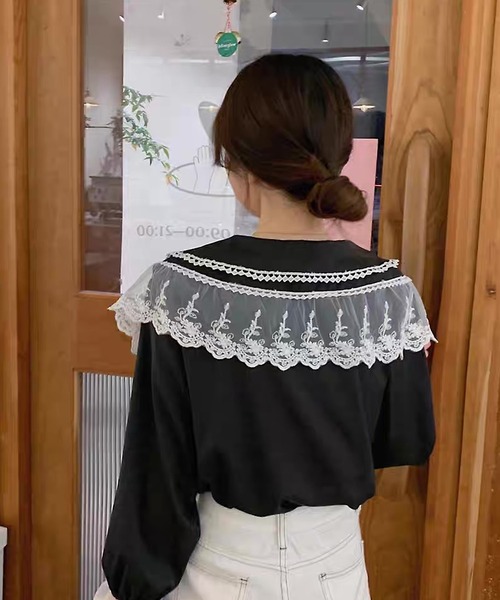 shopnikoniko（ショップニコニコ）の「ビックカラー ブラウス キレイめ 長袖 レース フリル 白 トップス（シャツ/ブラウス・レディース・ブラック/ホワイト・フリー）」の10枚目の写真