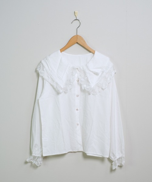 shopnikoniko（ショップニコニコ）の「ビックカラー ブラウス キレイめ 長袖 レース フリル 白 トップス（シャツ/ブラウス・レディース・ブラック/ホワイト・フリー）」の12枚目の写真