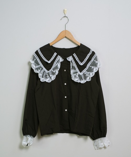 shopnikoniko（ショップニコニコ）の「ビックカラー ブラウス キレイめ 長袖 レース フリル 白 トップス（シャツ/ブラウス・レディース・ブラック/ホワイト・フリー）」の11枚目の写真