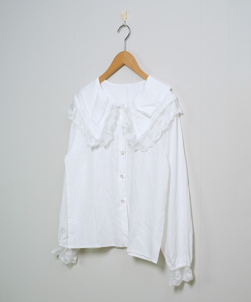 shopnikoniko（ショップニコニコ）の「ビックカラー ブラウス キレイめ 長袖 レース フリル 白 トップス（シャツ/ブラウス・レディース・ブラック/ホワイト・フリー）」の13枚目の写真