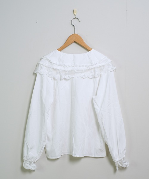 shopnikoniko（ショップニコニコ）の「ビックカラー ブラウス キレイめ 長袖 レース フリル 白 トップス（シャツ/ブラウス・レディース・ブラック/ホワイト・フリー）」の14枚目の写真
