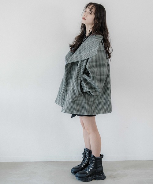 HARE（ハレ）の「ウーリーテック2WAYミドルコート(HARE)（チェスターコート・レディース・ブラック/グレー/チェック/パープル/オフホワイト・FREE）」の10枚目の写真