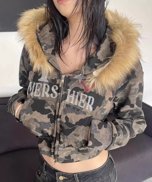 セール】ファー付きビジューカモフラショートパーカー／2WAYデザイン