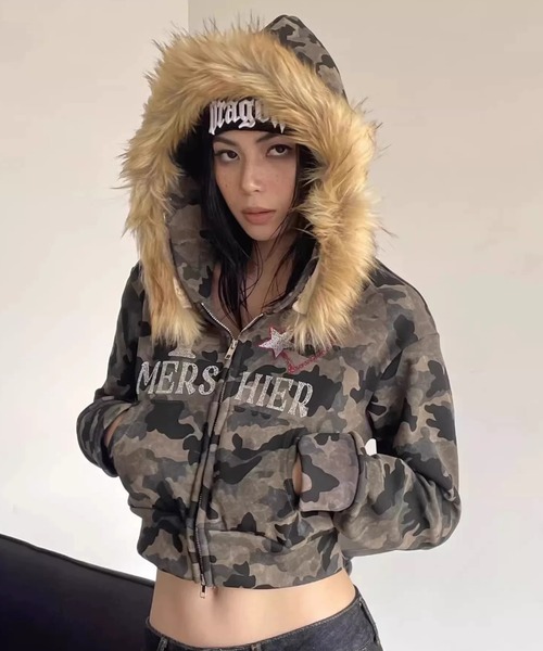 セール】ファー付きビジューカモフラショートパーカー／2WAYデザイン