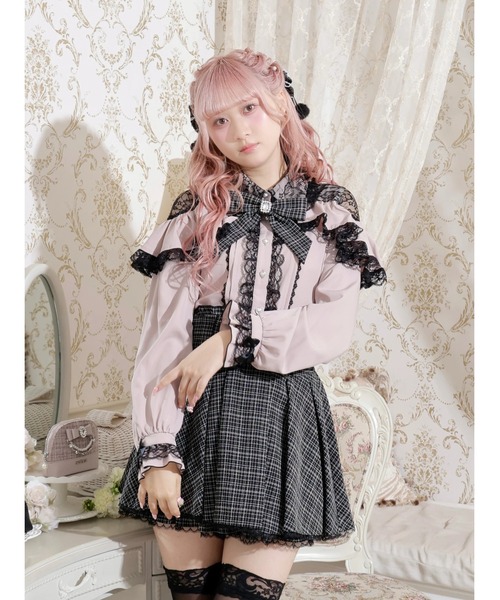 ツイードリボンケープフリルオープンショルダーブラウス（シャツ