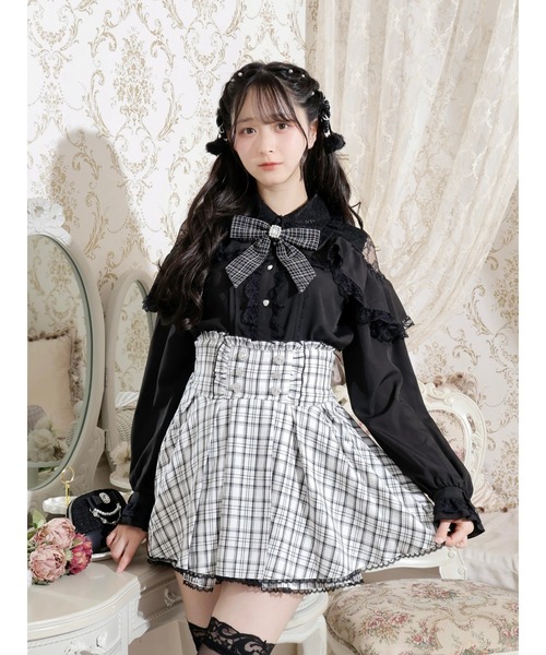 ツイードリボンケープフリルオープンショルダーブラウス（シャツ