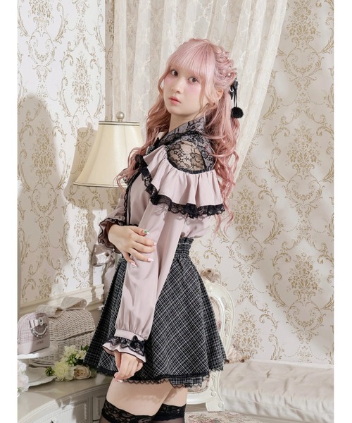 ツイードリボンケープフリルオープンショルダーブラウス（シャツ