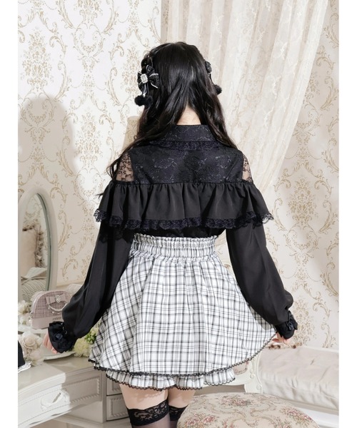 ツイードリボンケープフリルオープンショルダーブラウス（シャツ