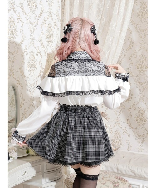 ツイードリボンケープフリルオープンショルダーブラウス（シャツ