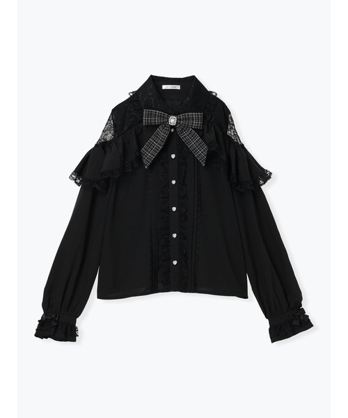 ツイードリボンケープフリルオープンショルダーブラウス（シャツ
