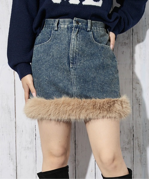 GORGE(ゴージ)の「《ファー裾デザイン》レディース デニムミニスカート 秋冬(スカート・レディース・ネイビー/ブルー/レオパード・F)」の4枚目の写真