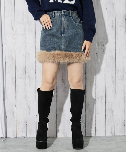 GORGE(ゴージ)の「《ファー裾デザイン》レディース デニムミニスカート 秋冬(スカート・レディース・ネイビー/ブルー/レオパード・F)」の5枚目の写真