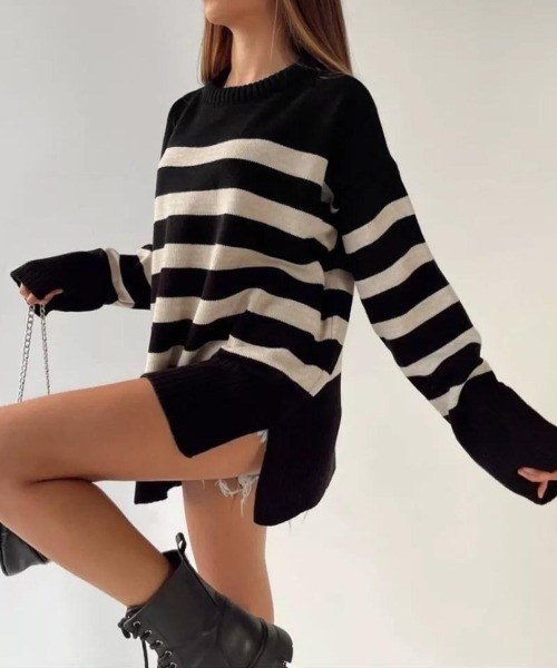 Miniministore(ミニミニストア)の「ニットトップス レディース ボーダー(ニット/セーター・レディース・ブラック/オフホワイト/ベージュ・L/S/M)」の3枚目の写真