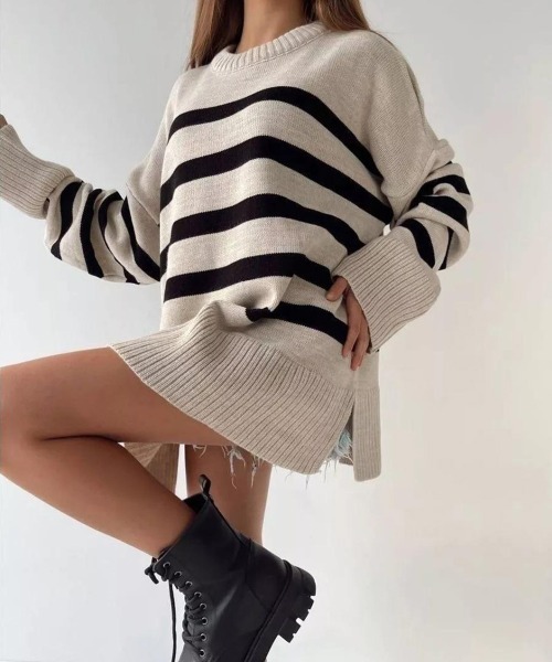 Miniministore(ミニミニストア)の「ニットトップス レディース ボーダー(ニット/セーター・レディース・ブラック/オフホワイト/ベージュ・L/S/M)」の17枚目の写真