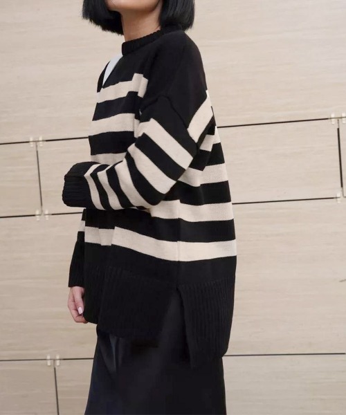 Miniministore(ミニミニストア)の「ニットトップス レディース ボーダー(ニット/セーター・レディース・ブラック/オフホワイト/ベージュ・L/S/M)」の6枚目の写真