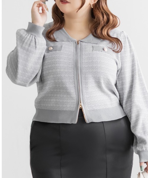 CLETTE(クレット)の「CLETTEオリジナルツイード風ジップニットカーディガン(カーディガン/ボレロ・レディース・ピンク/グレー/ブルー・LL/3L/4L)」の1枚目の写真