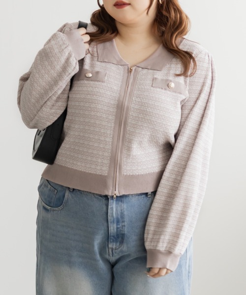 CLETTE(クレット)の「CLETTEオリジナルツイード風ジップニットカーディガン(カーディガン/ボレロ・レディース・ピンク/グレー/ブルー・LL/3L/4L)」の3枚目の写真