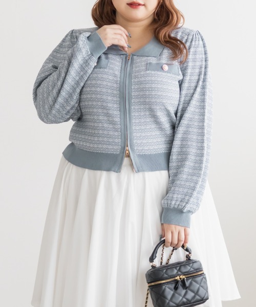 CLETTE(クレット)の「CLETTEオリジナルツイード風ジップニットカーディガン(カーディガン/ボレロ・レディース・ピンク/グレー/ブルー・LL/3L/4L)」の2枚目の写真