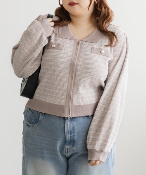 CLETTE(クレット)の「CLETTEオリジナルツイード風ジップニットカーディガン(カーディガン/ボレロ・レディース・ピンク/グレー/ブルー・LL/3L/4L)」の14枚目の写真