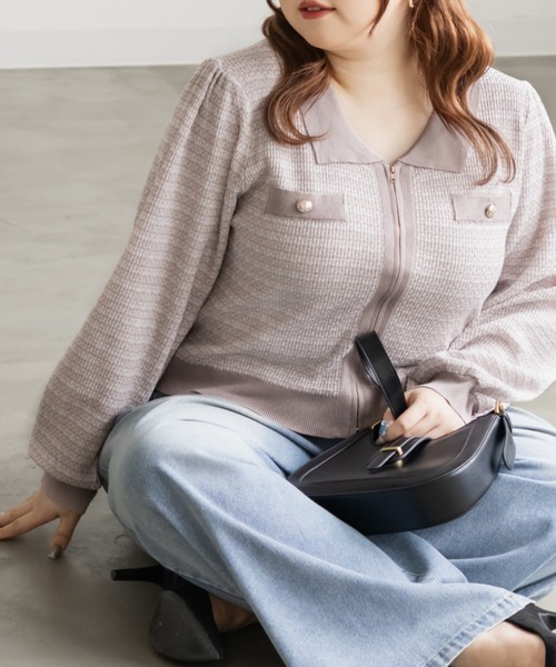 CLETTE(クレット)の「CLETTEオリジナルツイード風ジップニットカーディガン(カーディガン/ボレロ・レディース・ピンク/グレー/ブルー・LL/3L/4L)」の15枚目の写真