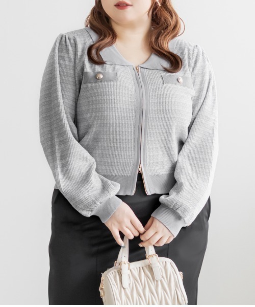 CLETTE(クレット)の「CLETTEオリジナルツイード風ジップニットカーディガン(カーディガン/ボレロ・レディース・ピンク/グレー/ブルー・LL/3L/4L)」の5枚目の写真