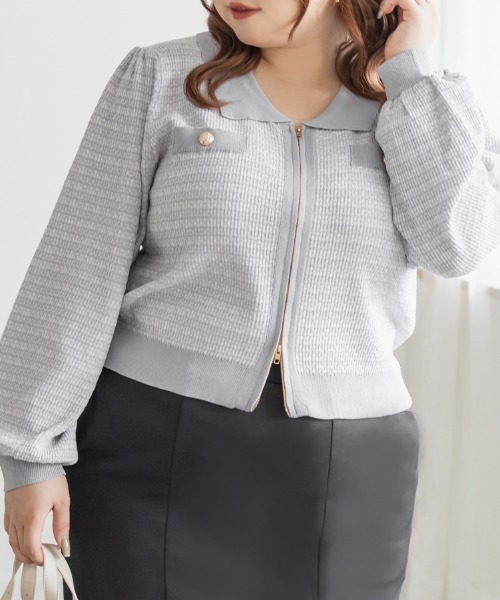 CLETTE(クレット)の「CLETTEオリジナルツイード風ジップニットカーディガン(カーディガン/ボレロ・レディース・ピンク/グレー/ブルー・LL/3L/4L)」の9枚目の写真