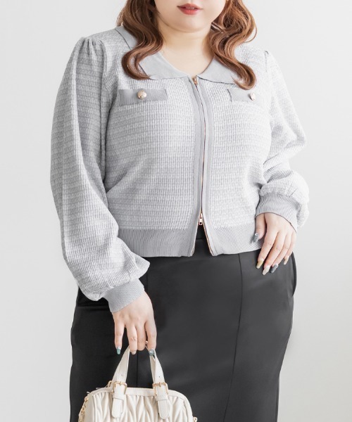 CLETTE(クレット)の「CLETTEオリジナルツイード風ジップニットカーディガン(カーディガン/ボレロ・レディース・ピンク/グレー/ブルー・LL/3L/4L)」の6枚目の写真