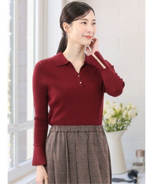 m.f.editorial（エムエフエディトリアル）の「【ハンドウォッシャブル】m.f.エディトリアルレディース リブ ポロニット（ニット/セーター・レディース・レッド/ライトグレー/ブラック/ダークウッド・MEDIUM/LARGE）」の4枚目の写真