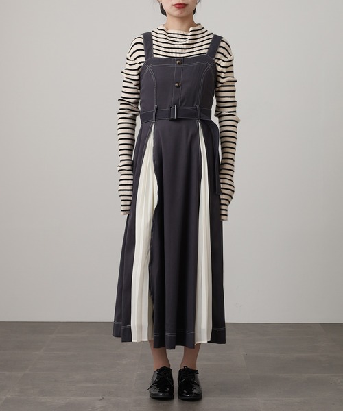 美品　アニエスベーアンファン　プリーツ　ワンピース　ジャンバースカート セール】nohea配色フォンプリーツ切替ジャンスカ（ジャンパースカート