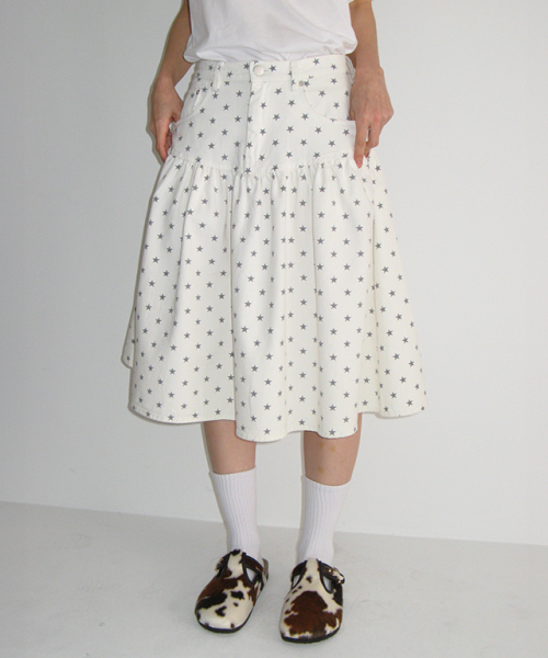 SHIRRING FLARE MID SKIRT WHITE STAR