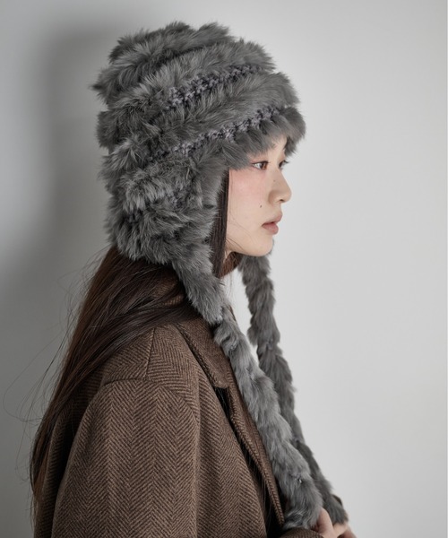 ラビットファー編み込みニットキャップ（ニットキャップ/ビーニー