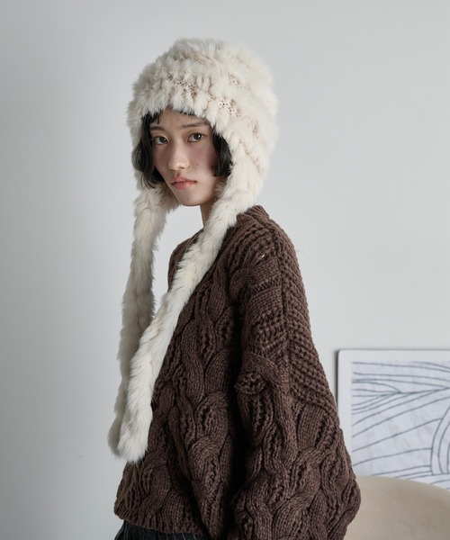 THE YOn（ザヨン）の「ラビットファー編み込みニットキャップ（ニットキャップ/ビーニー・レディース・グレー/アイボリー/ブラック・FREE）」の8枚目の写真