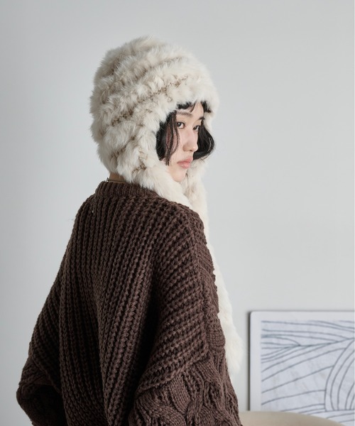 THE YOn（ザヨン）の「ラビットファー編み込みニットキャップ（ニットキャップ/ビーニー・レディース・グレー/アイボリー/ブラック・FREE）」の9枚目の写真