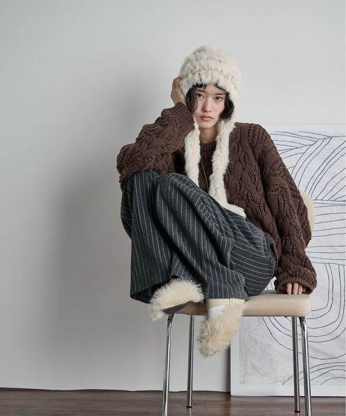 セール】ラビットファー編み込みニットキャップ（ニットキャップ