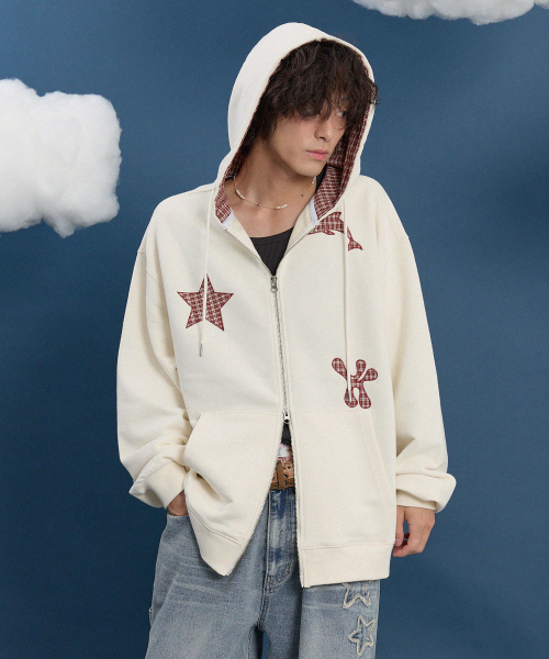 WaiKei（ワイケイ）の「スタードルフィンチェックアプリケフードジップアップアイボリー（パーカー・レディース・その他・1/2）」の3枚目の写真