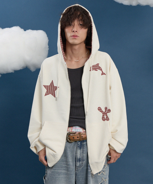 WaiKei（ワイケイ）の「スタードルフィンチェックアプリケフードジップアップアイボリー（パーカー・レディース・その他・1/2）」の4枚目の写真