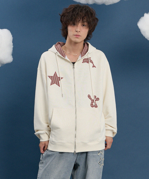 WaiKei（ワイケイ）の「スタードルフィンチェックアプリケフードジップアップアイボリー（パーカー・レディース・その他・1/2）」の5枚目の写真