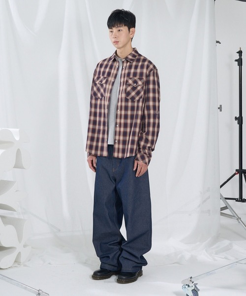 SLOWACID（スローアシッド）の「【UNISEX】SLOW ACID／袖刺繍 チェックシャツ（シャツ/ブラウス・レディース・ブラウン/ブルー・MEDIUM/LARGE）」の3枚目の写真