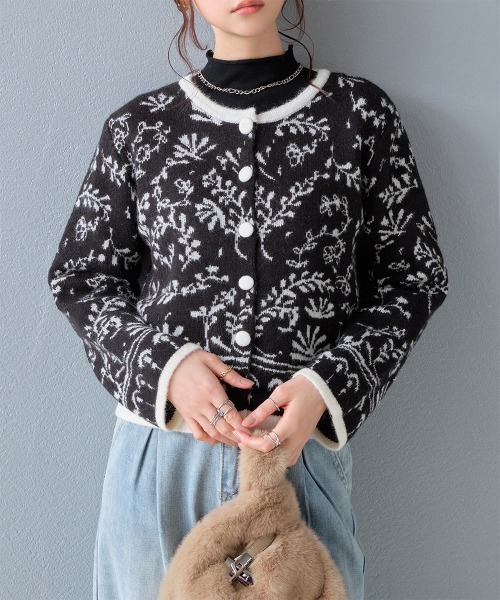 セール】ニュアンスボタニカル ジャガードニットカーディガン