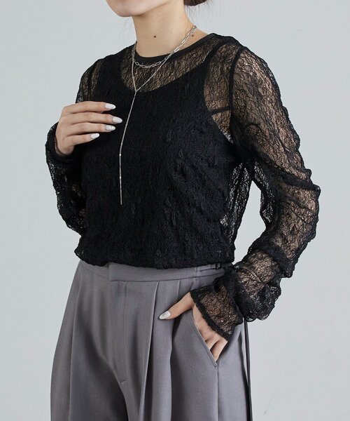 Lui's（ルイス）の「レース袖ギャザートップス（Tシャツ/カットソー・レディース・ブラック/オフホワイト/グレー・FREE）」の4枚目の写真