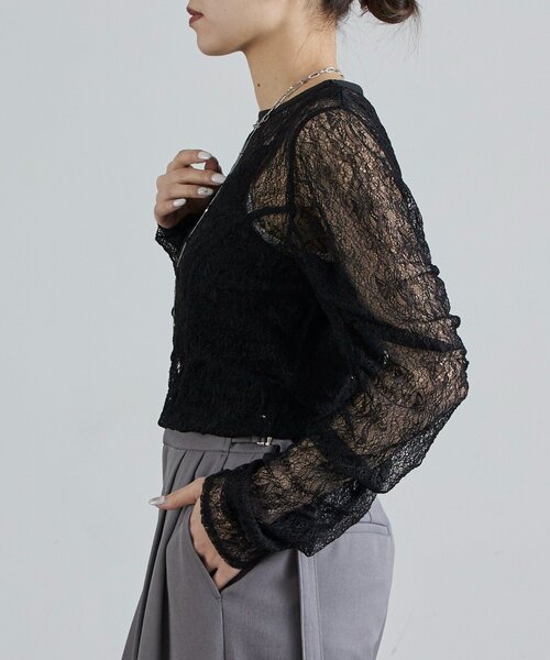 Lui's（ルイス）の「レース袖ギャザートップス（Tシャツ/カットソー・レディース・ブラック/オフホワイト/グレー・FREE）」の5枚目の写真